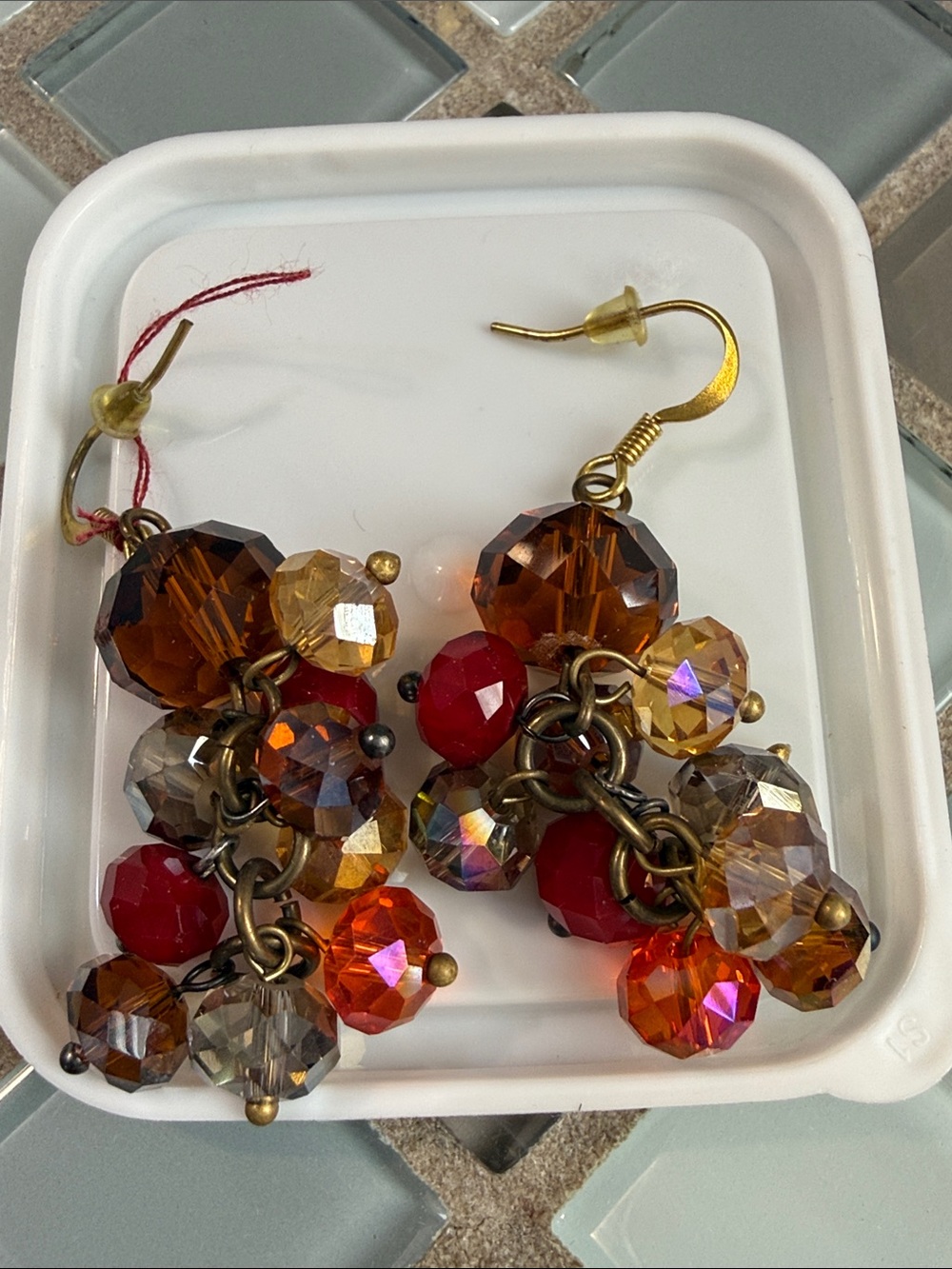 Source Unknown Faceted Cluster Drop Earrings - Red & Amber
